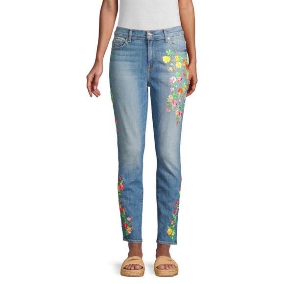 💜HP💜 7FAM | High Waist Ankle Skinny Jean | Boho Neon Floral Embroidered | Sz 28 - Picture 1 of 10